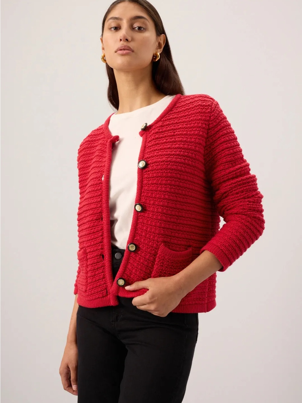 CeCe Red Textured Button-Front Cardigan